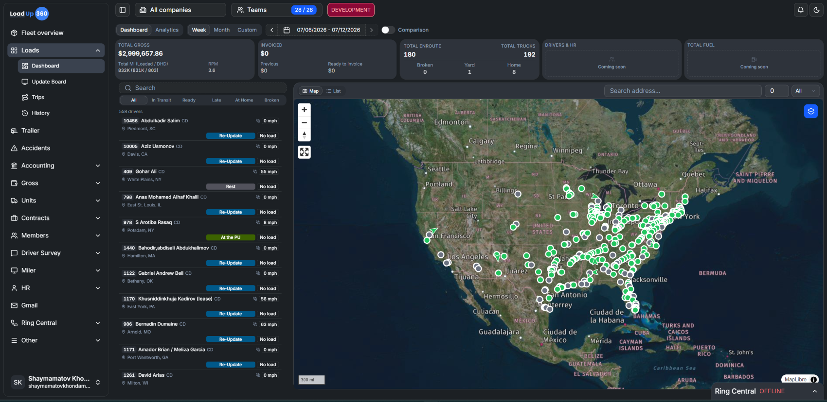 LoadUp 360 dispatch dashboard showing active loads, driver assignments, and live fleet map