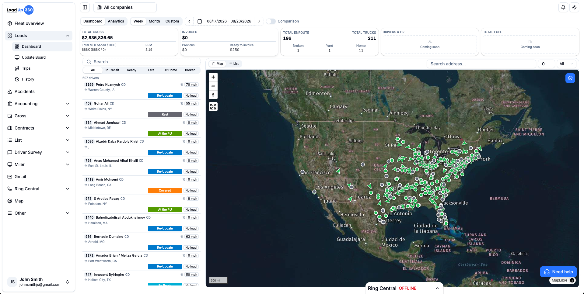 LoadUp 360 dispatch dashboard showing active loads, driver assignments, and live fleet map